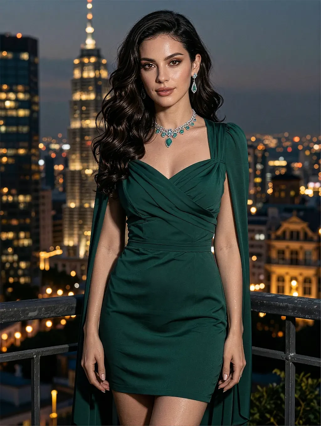 Fictional AI character in a green mini dress and necklace on a rooftop over city lights