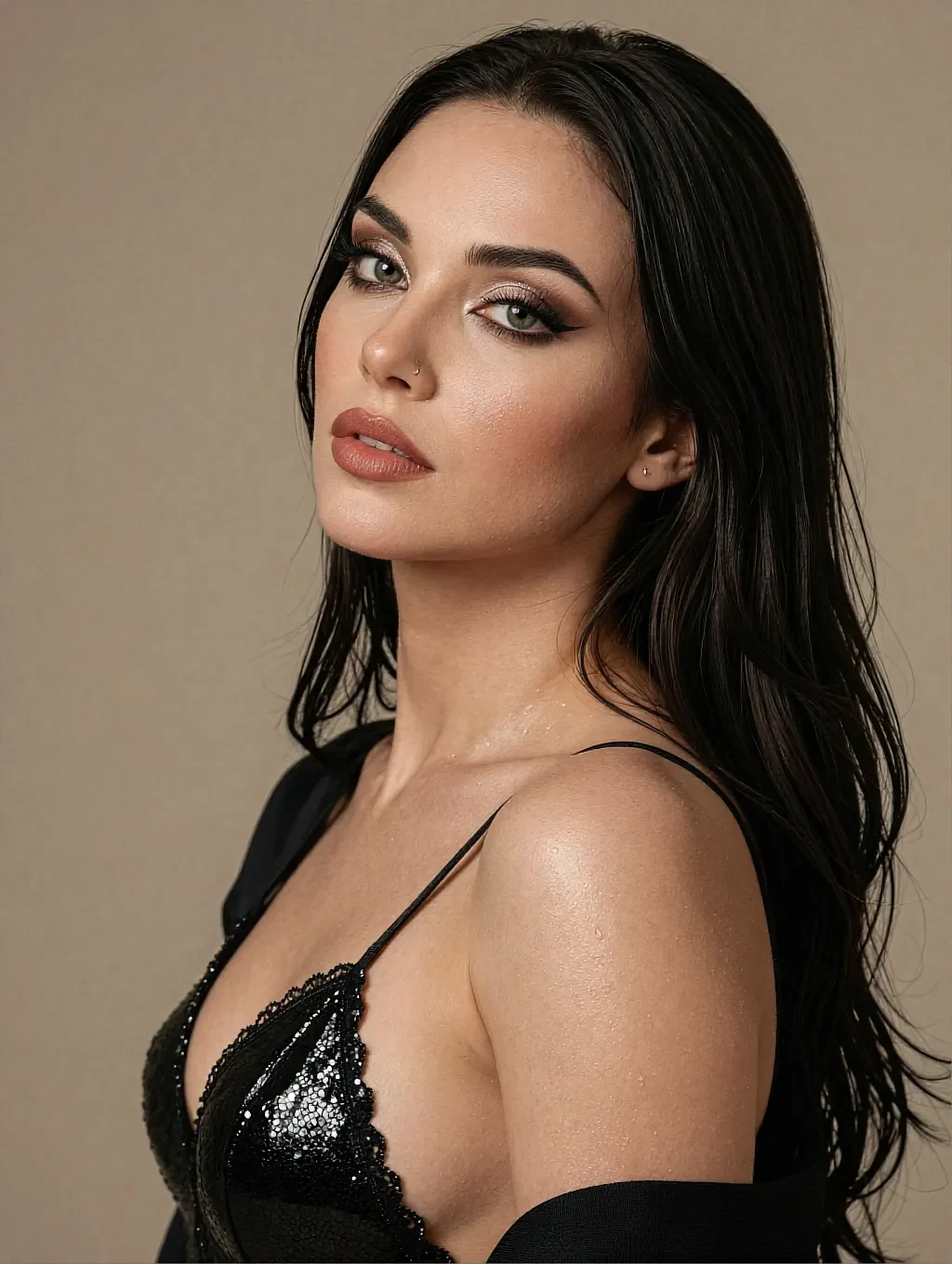Pale fictional AI character with dark hair in a black lace top, studio portrait