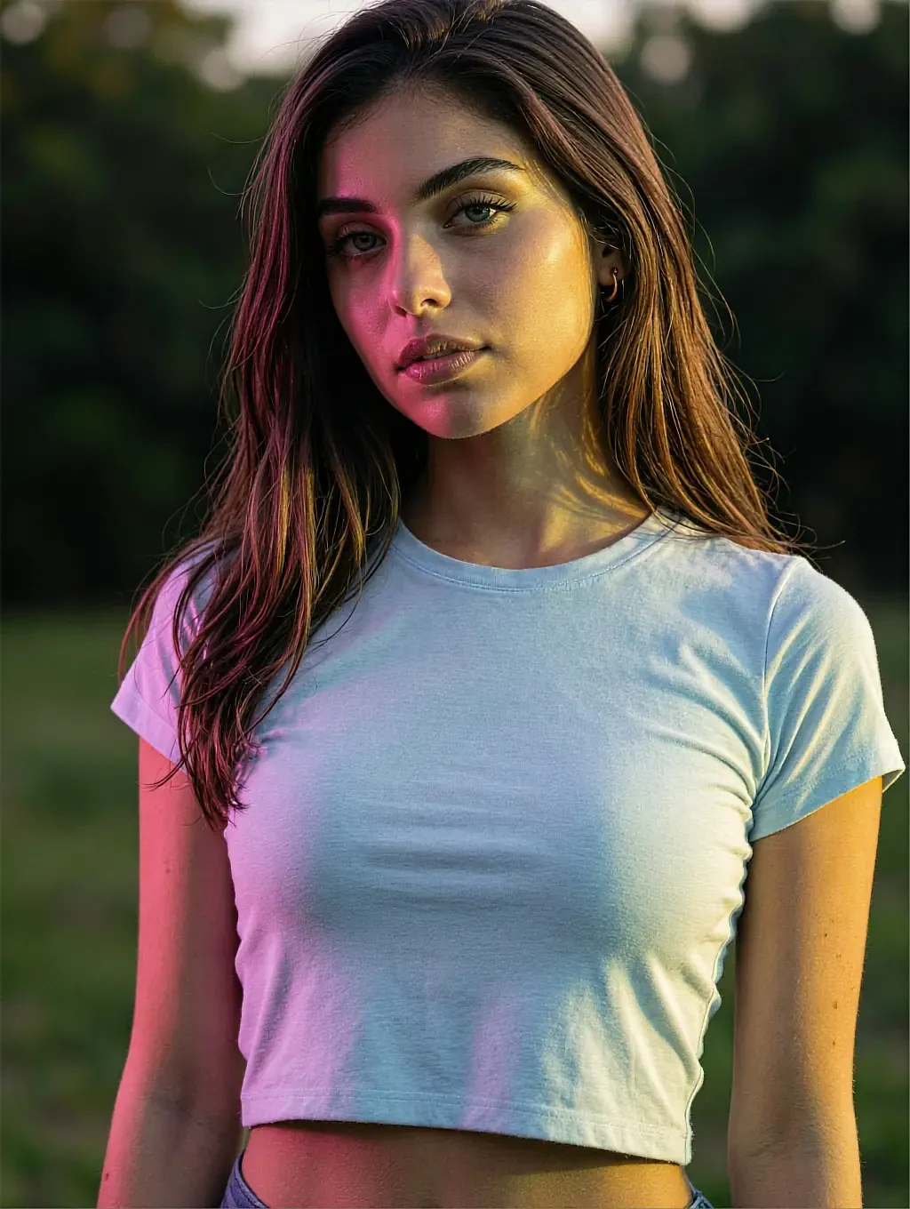 Fictional AI character in a white tee outdoors in low golden-hour light