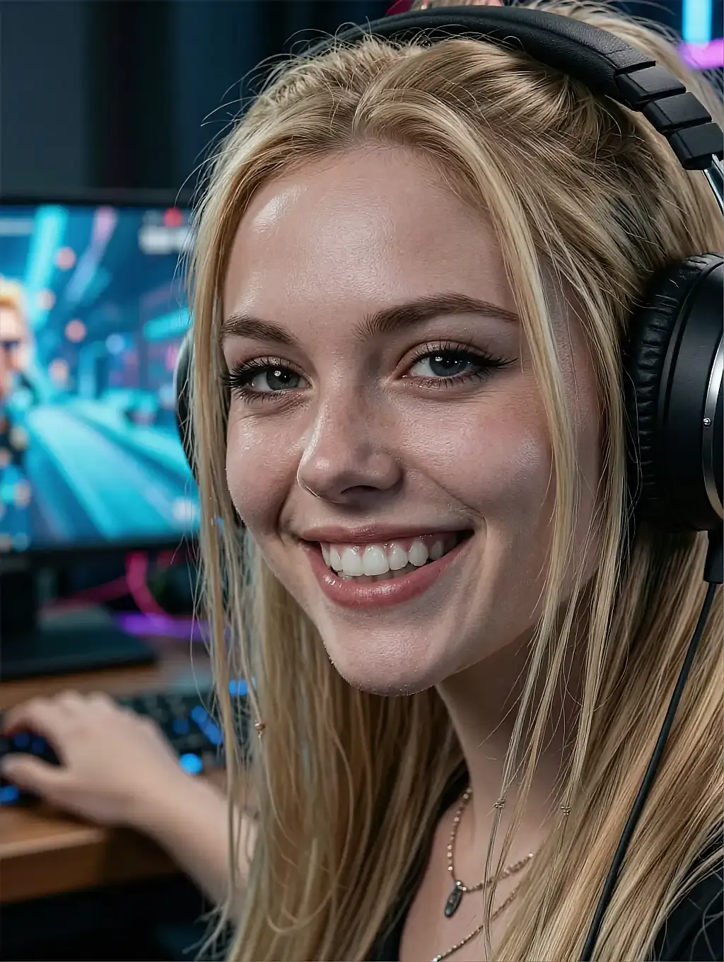 Blonde fictional AI character in headphones grinning at a screen, city lights behind her